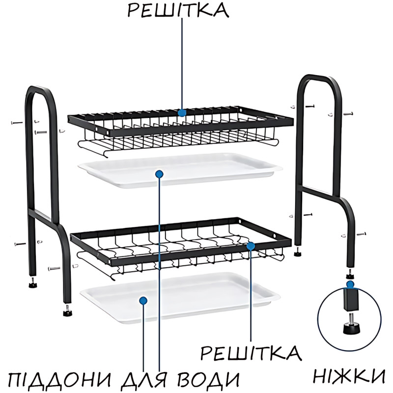 Сушарка для зберігання посуду та ножів Dish Storage With Knife, двоярусна, 43x23x39 см, металева, чорний фото - 3
