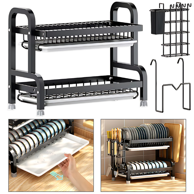 Сушарка для зберігання посуду та ножів Dish Storage With Knife, двоярусна, 43x23x39 см, металева, чорний