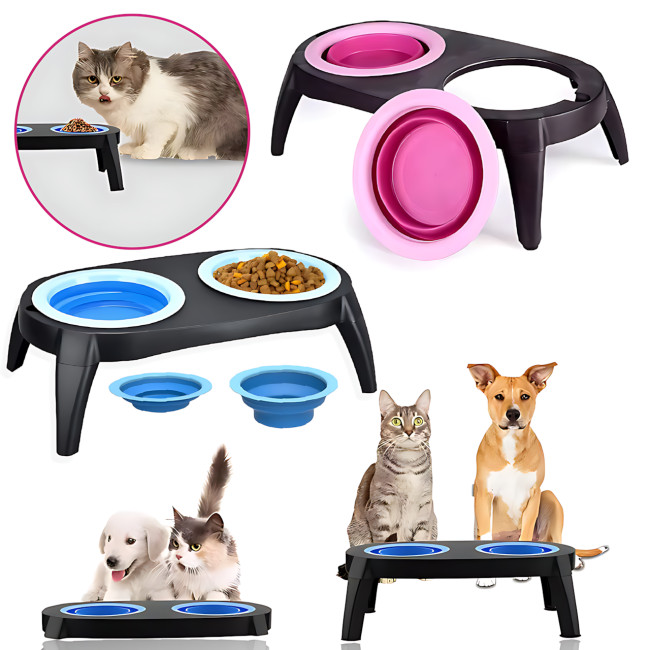 Миска подвійна на складаній підставці для собак і кішок Pet Bowl Set на антиковзних ніжках, 500 мл