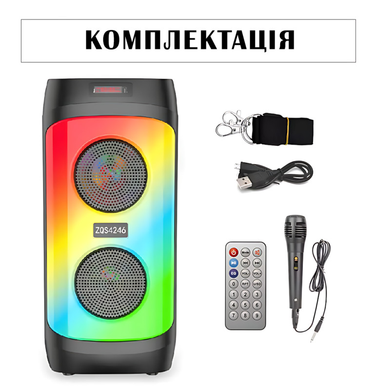Портативна Bluetooth-колонка ZQS4246, стереозвук 30 Вт, LED-підсвітка, мікрофон, FM-радіо, еквалайзер фото - 10