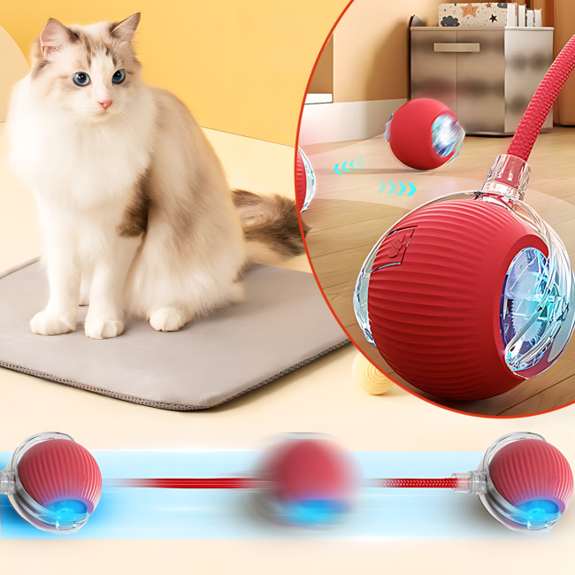 Интерактивный умный мячик PetGravity — автоколесо 360°, для кошек, с USB-зарядкой и прочным материалом, красный