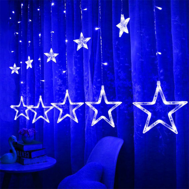 Новогодняя гирлянда Звезды 12 предметов NEW YEAR, с пультом, штора, голубой свет