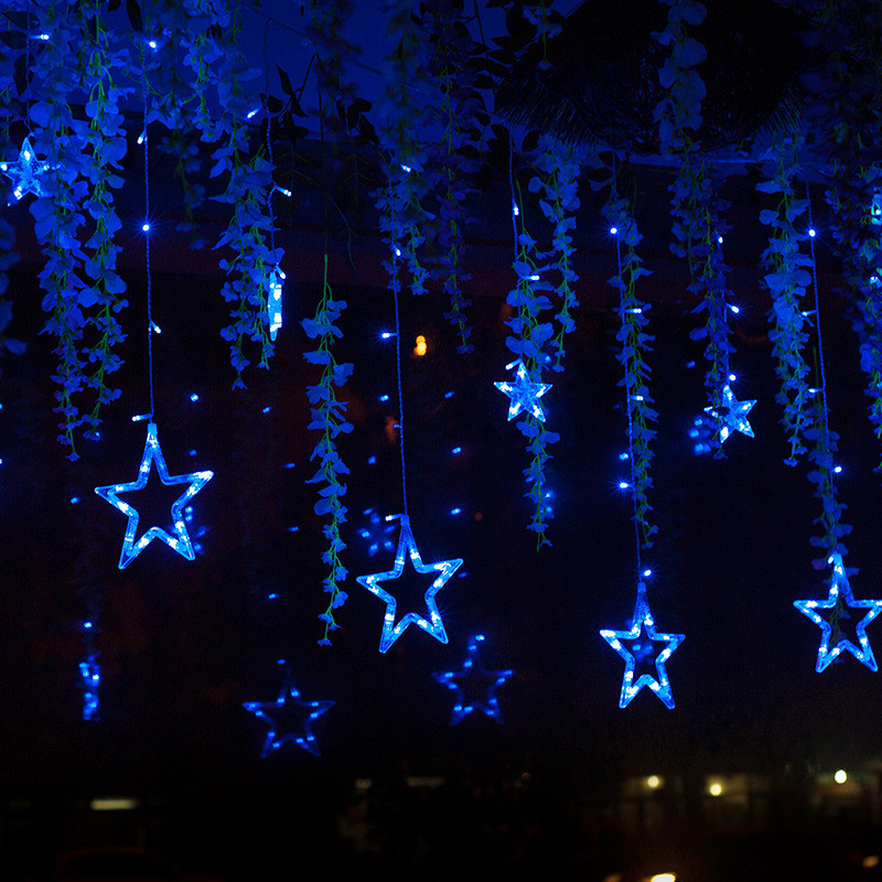 Новогодняя гирлянда Звезды 12 предметов NEW YEAR, с пультом, штора, голубой свет фото - 0