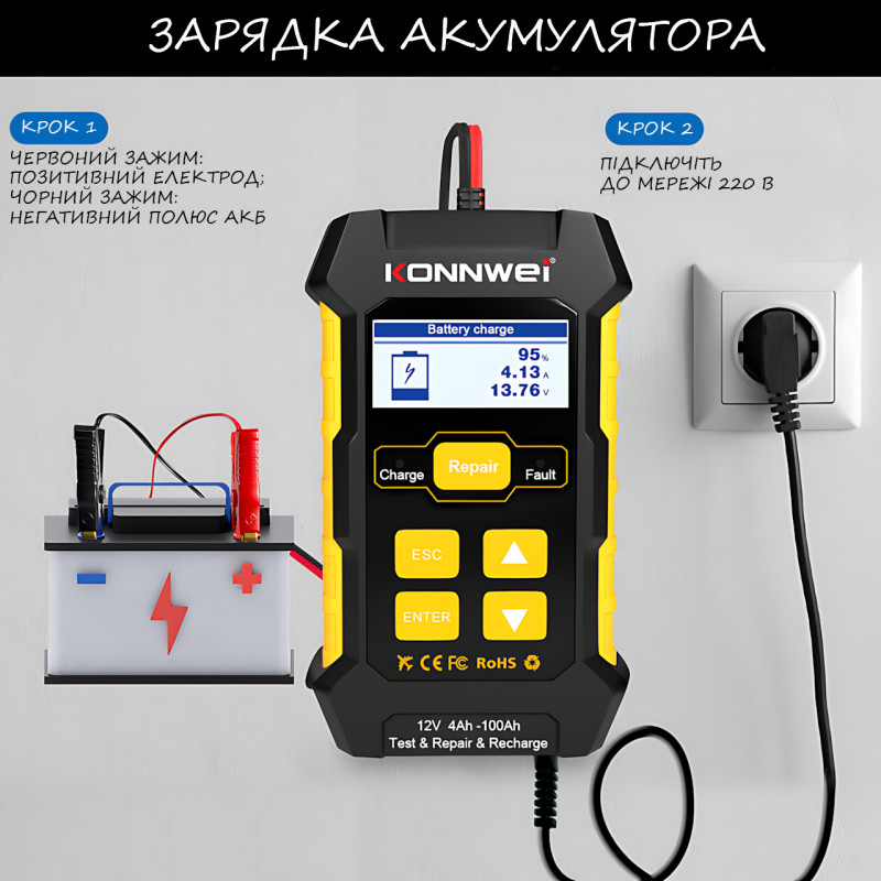Зарядний пристрій для акумулятора автомобіля Konnwei KW-510, тестер 3в1: виявлення, ремонт, заряджання фото - 7