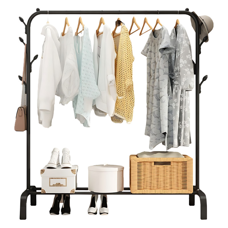 Напольная вешалка для одежды Double Floor Hanger 3, металл, 150×110×40 см, с полкой для обуви и крючками фото - 2