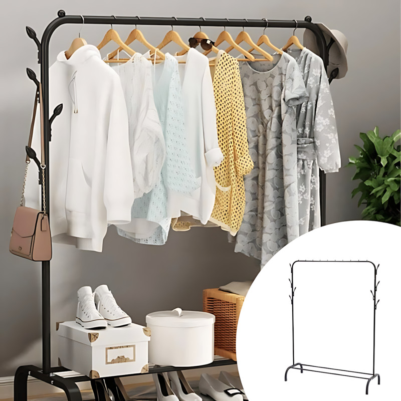 Напольная вешалка для одежды Double Floor Hanger 3, металл, 150×110×40 см, с полкой для обуви и крючками фото - 3