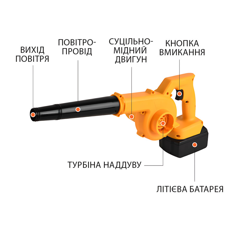 Повітродувка-пилосос Crownberg CB-3991, акумулятор 2000 мА·год, 2 АКБ, 98 м/с, жовтий фото - 5