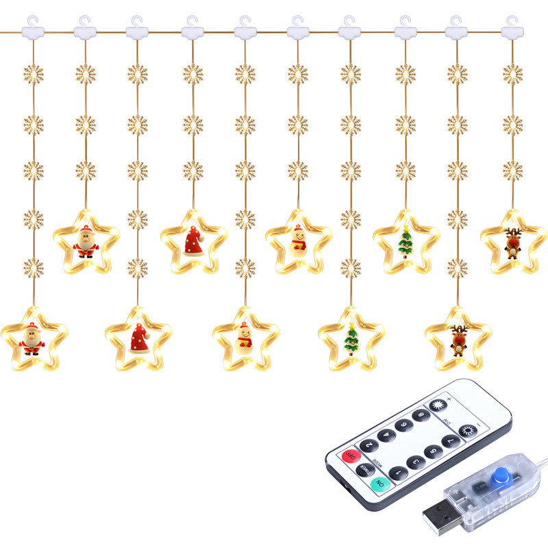 LED гирлянда-штора SFK-24, звезды с игрушкой, 8 режимов работы, теплый свет, 3 м х 0,8 м фото - 2