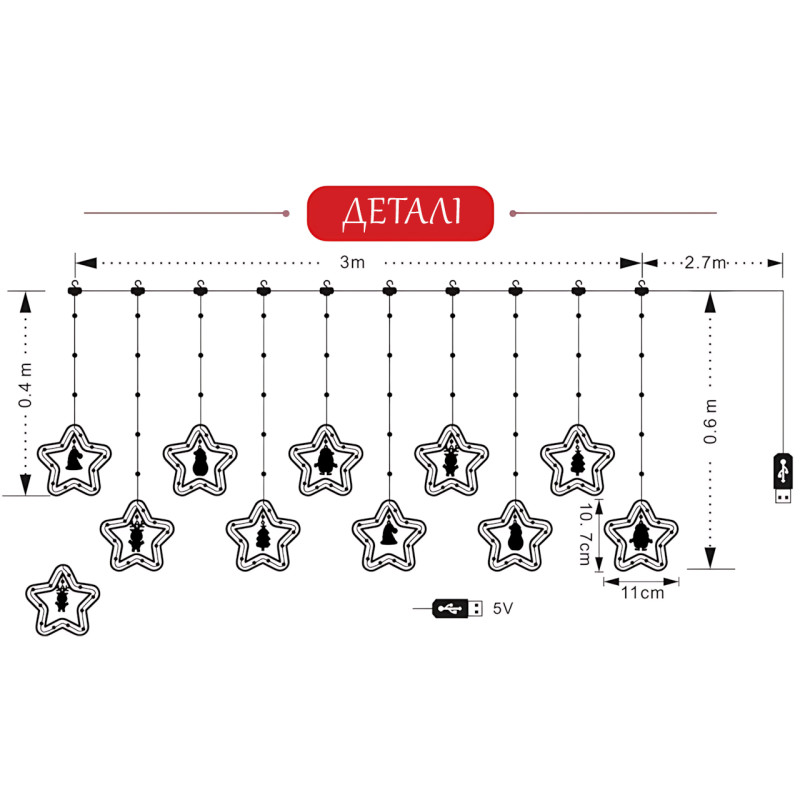 LED гирлянда-штора SFK-24, звезды с игрушкой, 8 режимов работы, теплый свет, 3 м х 0,8 м фото - 8