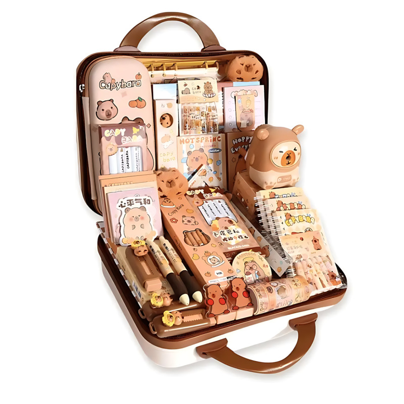 Набор канцелярии 55-в-1 в чемодане &laquo;Капибара&raquo; с кодовым замком, для школы и творчества: блокноты, наклейки, пенал, альбомы, ручки фото - 3