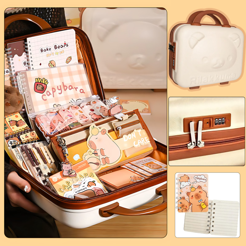 Набор канцелярии 55-в-1 в чемодане &laquo;Капибара&raquo; с кодовым замком, для школы и творчества: блокноты, наклейки, пенал, альбомы, ручки фото - 2