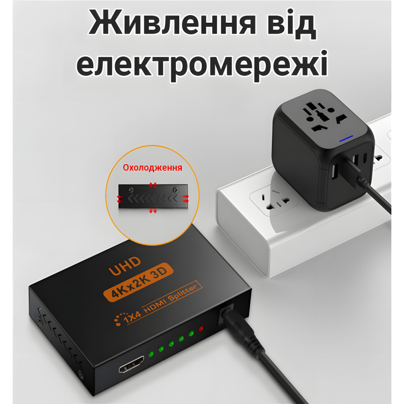 Активний HDMI-розгалужувач на 4 порти, чотириспрямований відео сплітер 4К фото - 8