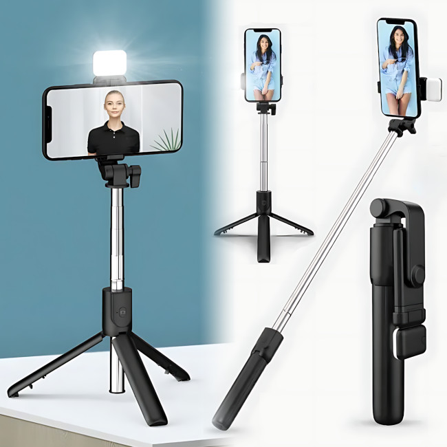 Селфи-палка штатив монопод DF-01S AND 5222 с Bluetooth пультом, LED подсветкой, поворотом 360°,  до 74 см
