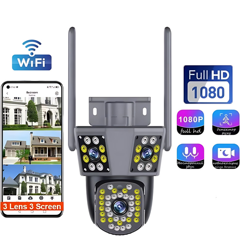Уличная Wi-Fi IP камера 3-Lens IPC360, 3 объектива, цветное ночное видение, двусторонний звук, IP66, WiFi+RJ45 фото - 9