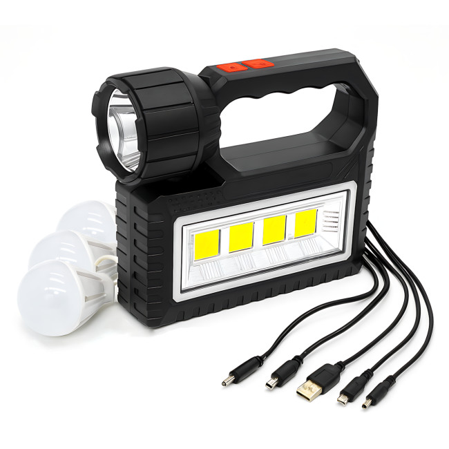 Солнечная зарядная станция OK-718S-B 10W, LED-фонарь, 3 лампочки, COB-подсветка, PowerBank, зарядка от солнца и 220В