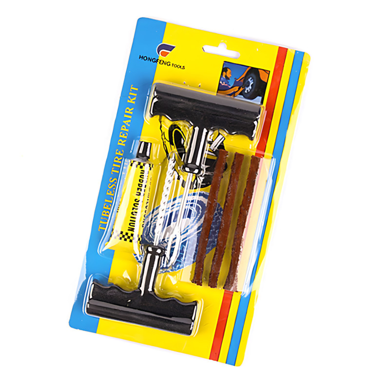 Комплект для ремонта бескамерных шин tubeless tyre repaoir kit – 3 жгута, клей-активатор, инструменты, блистер фото - 8