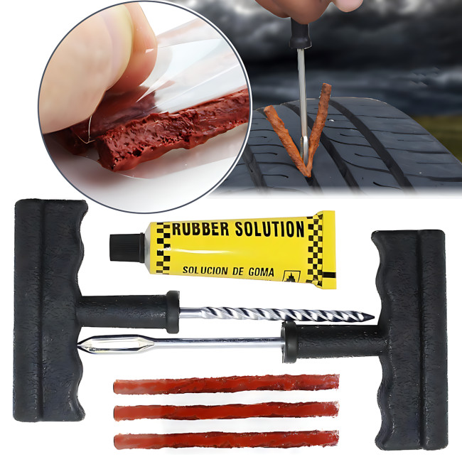 Комплект для ремонта бескамерных шин tubeless tyre repaoir kit – 3 жгута, клей-активатор, инструменты, блистер