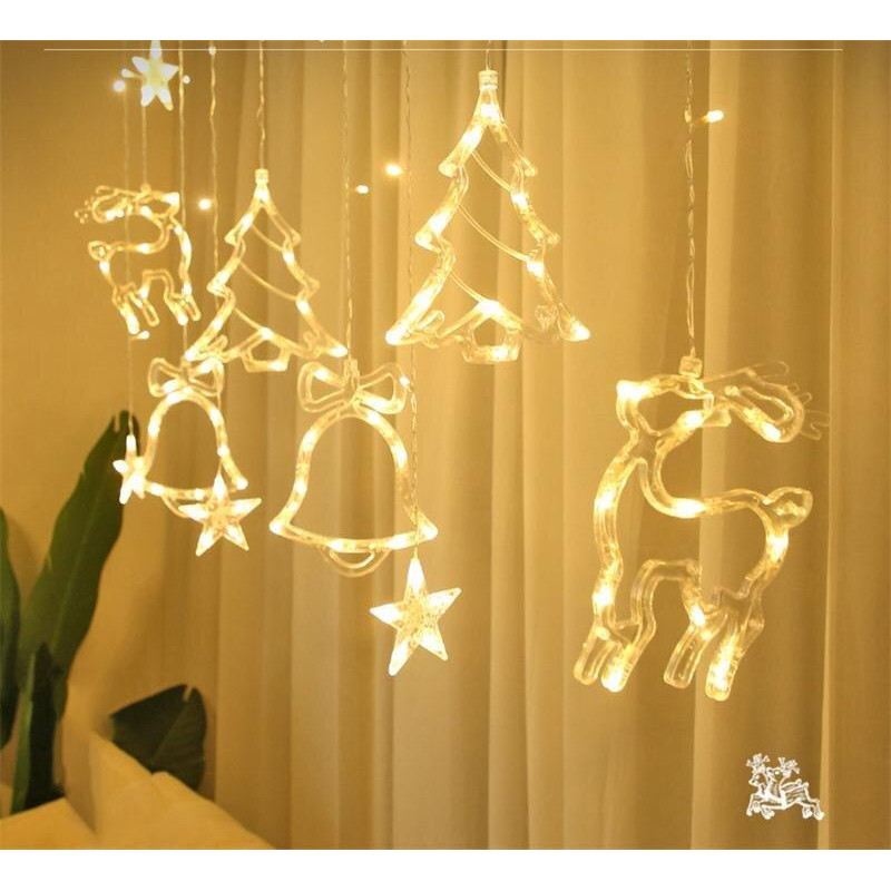 Святкова гірлянда Ялинка Олень та дзвіночки 12 предметів NEW YEAR, з пультом, штора, теплий жовтий світло фото - 2
