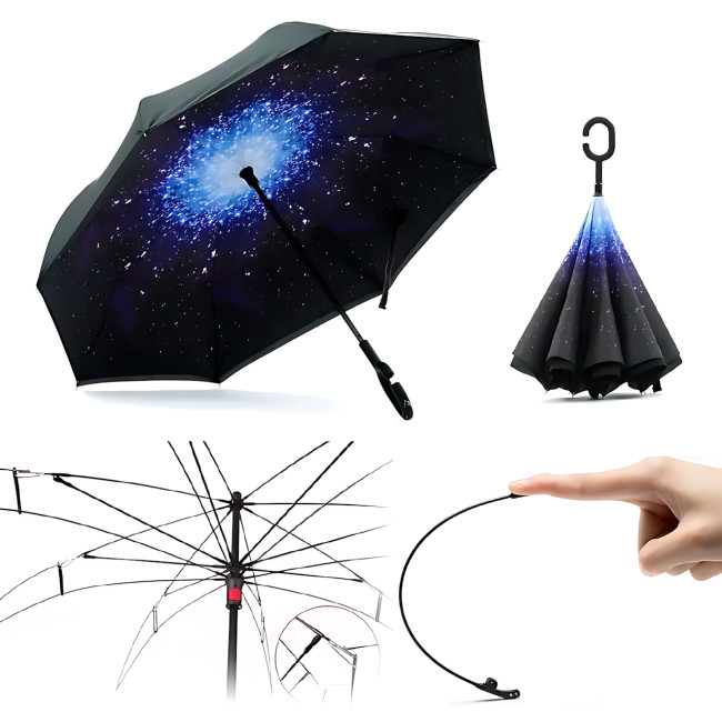 Зонтик обратной сборки up-brella космос, зонт от дождя и солнца Звездное небо с длинной ручкой