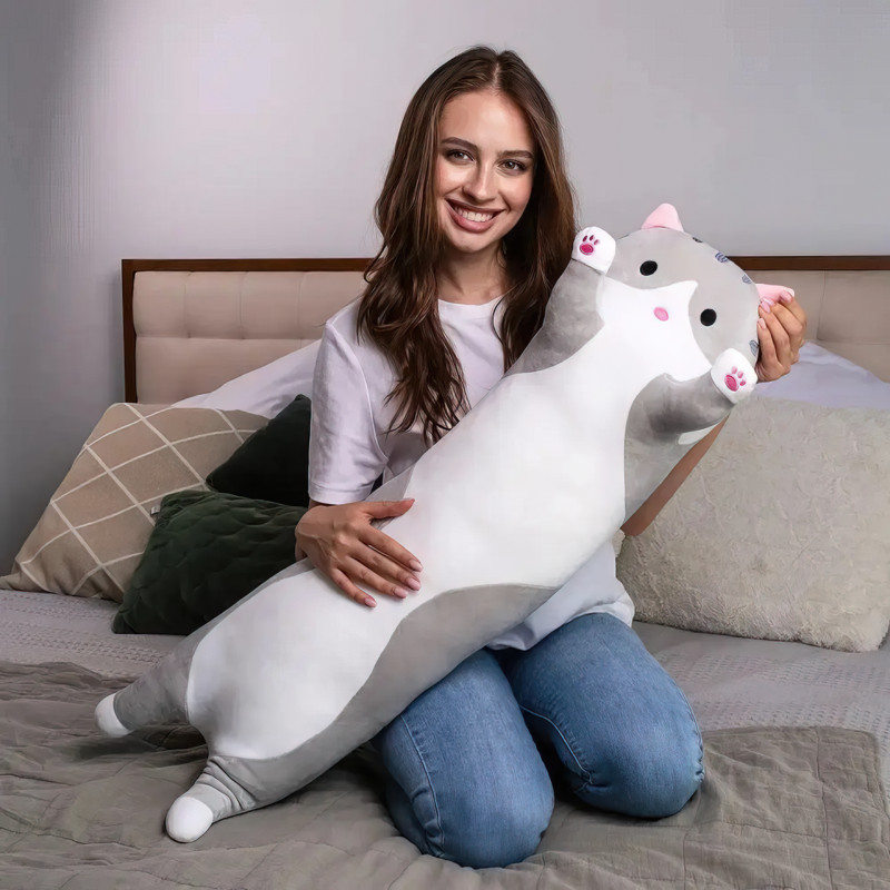 Мягкая игрушка Кот Батон, 110 см, из плюша и хлопка, серая Розовый фото - 10