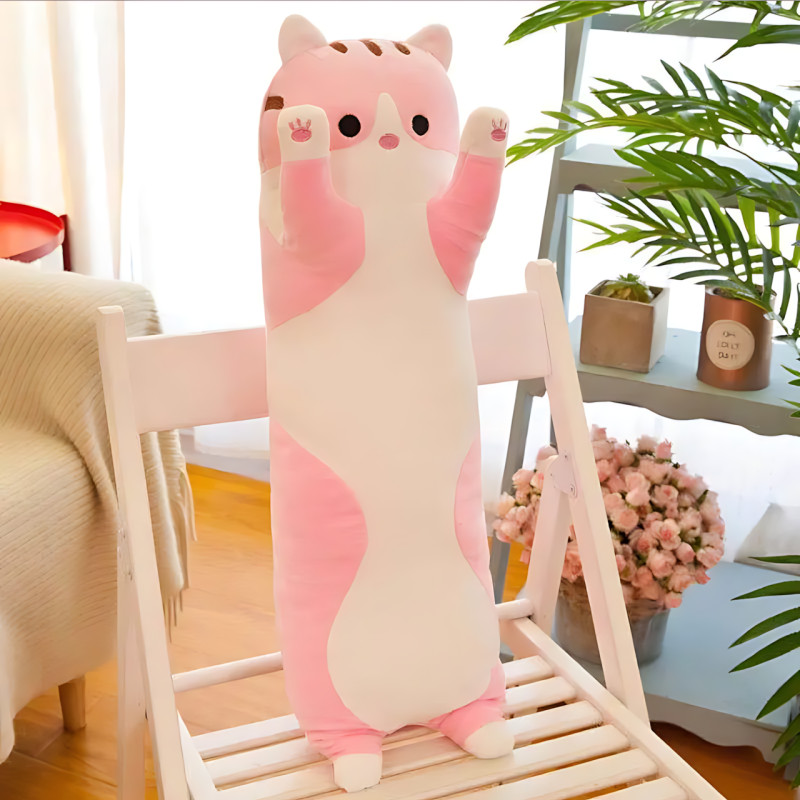 Мягкая игрушка Кот Батон, 110 см, из плюша и хлопка, серая Розовый фото - 4