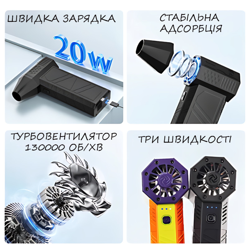 Портативный автомобильный турбовентилятор TurboAir 130000 об/мин с аккумулятором 8000 мАч для удаления пыли фото - 3