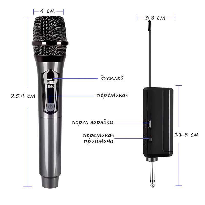Мікрофон бездротовий із караоке, Bluetooth-мікрофон UHF TTD-M10 з дальністю дії до 50 м, сірий фото - 8