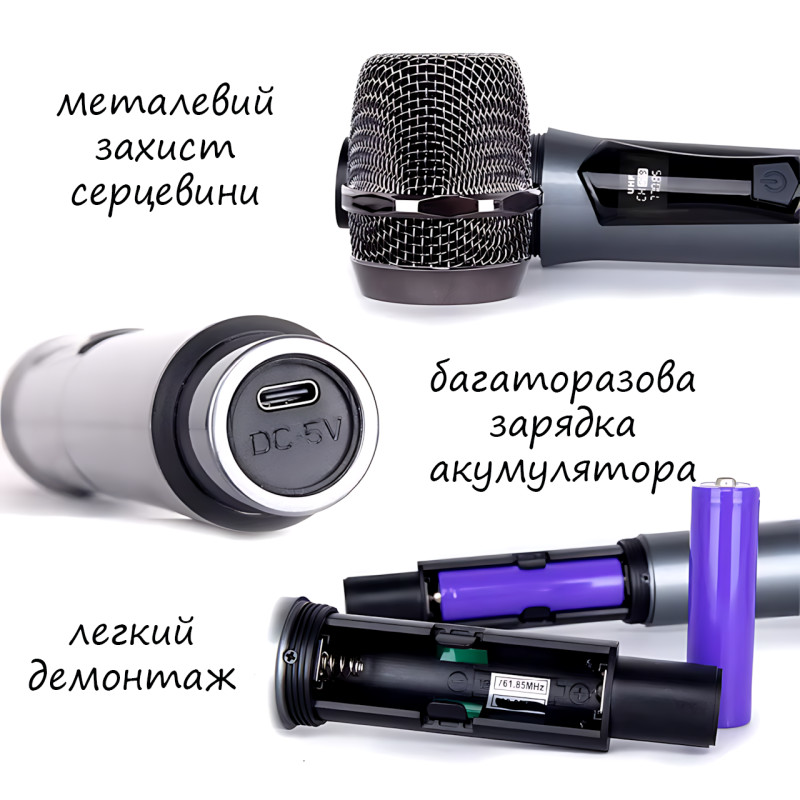 Мікрофон бездротовий із караоке, Bluetooth-мікрофон UHF TTD-M10 з дальністю дії до 50 м, сірий фото - 3