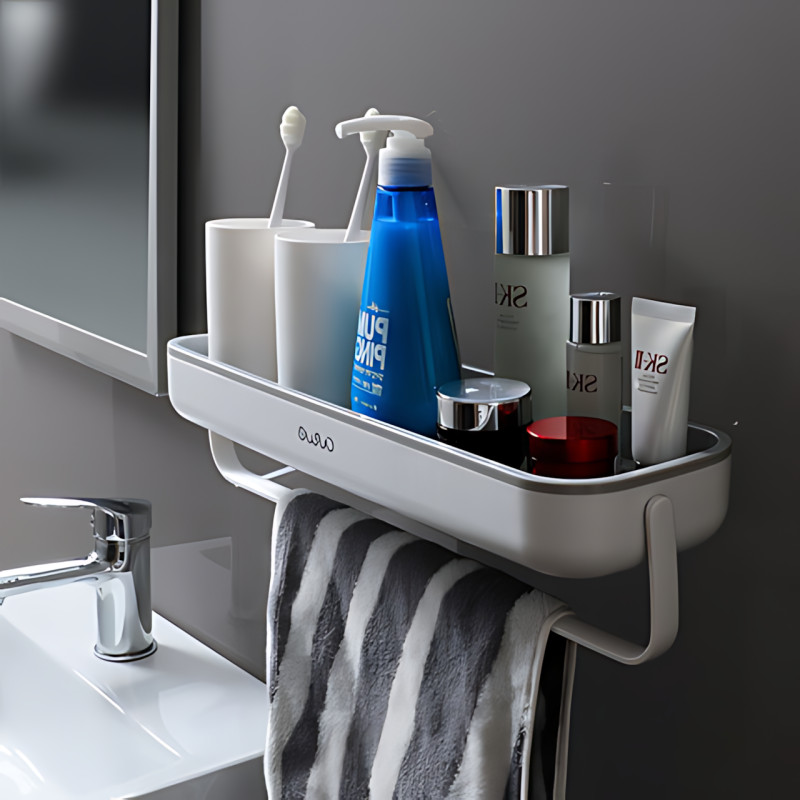 Полка для ванной с держателем для полотенца TOWEL BAR LY-840, навесная, ABS-пластик, 41×12×6 см, без сверления фото - 8