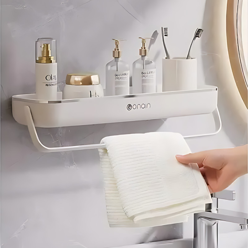 Полка для ванной с держателем для полотенца TOWEL BAR LY-840, навесная, ABS-пластик, 41×12×6 см, без сверления фото - 6