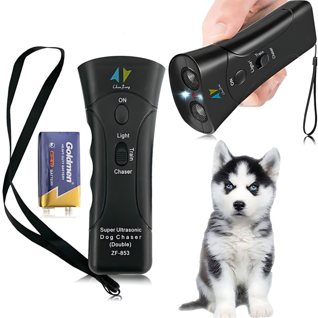 Отпугиватель собак ZF 853E/5039 Super Ultrasonic Dog Chaser 3в1 — ультразвук 25 кГц, лазер, фонарик, до 5 м