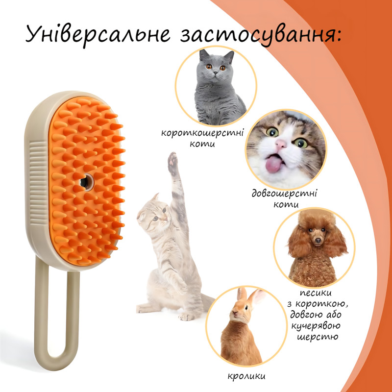 Парова щітка-масажер 3 в 1, PET SPRAY MASSAGE BRUSH з паровим розпилювачем для вичісування собак і кішок Білий фото - 5
