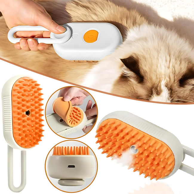 Парова щітка-масажер 3 в 1, PET SPRAY MASSAGE BRUSH з паровим розпилювачем для вичісування собак і кішок Білий