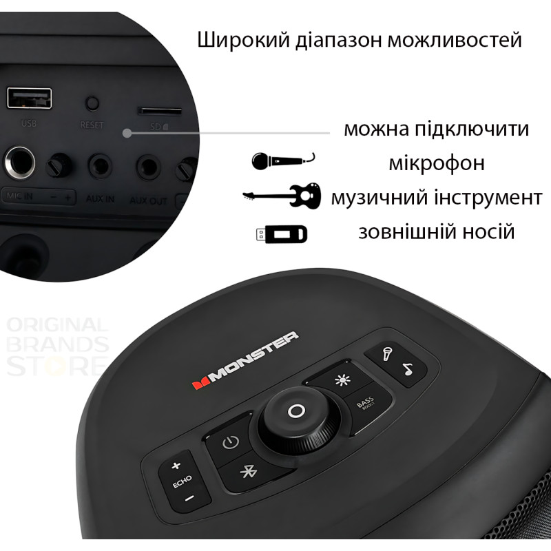 Monster Cycle MS22138, динамік з RGB-підсвіткою, Bluetooth 5.1, 80 Вт, IPX4, АКБ 4000 мА·год, з 2 мікрофонами фото - 8