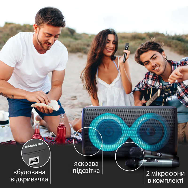 Monster Cycle MS22138, динамік з RGB-підсвіткою, Bluetooth 5.1, 80 Вт, IPX4, АКБ 4000 мА·год, з 2 мікрофонами фото - 9
