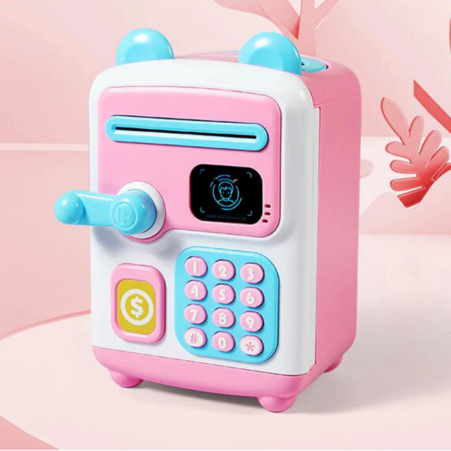 Дитяча скарбничка-сейф з кодовим замком та купюроприймачем рожева face recognition moneybox