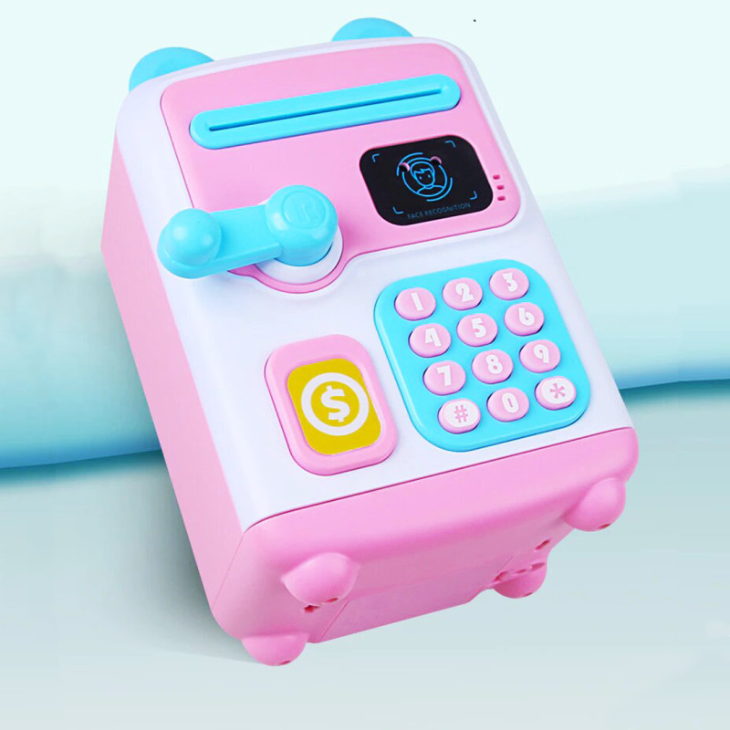 Детская копилка-сейф с кодовым замком и купюроприемником розовая face recognition moneybox фото - 5