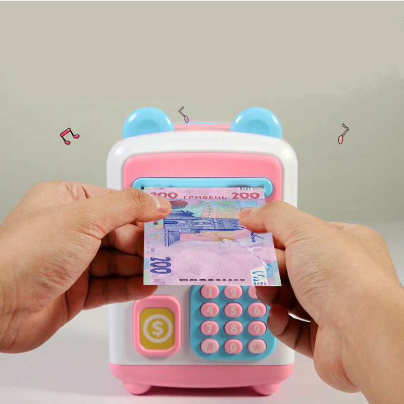 Детская копилка-сейф с кодовым замком и купюроприемником розовая face recognition moneybox фото - 6