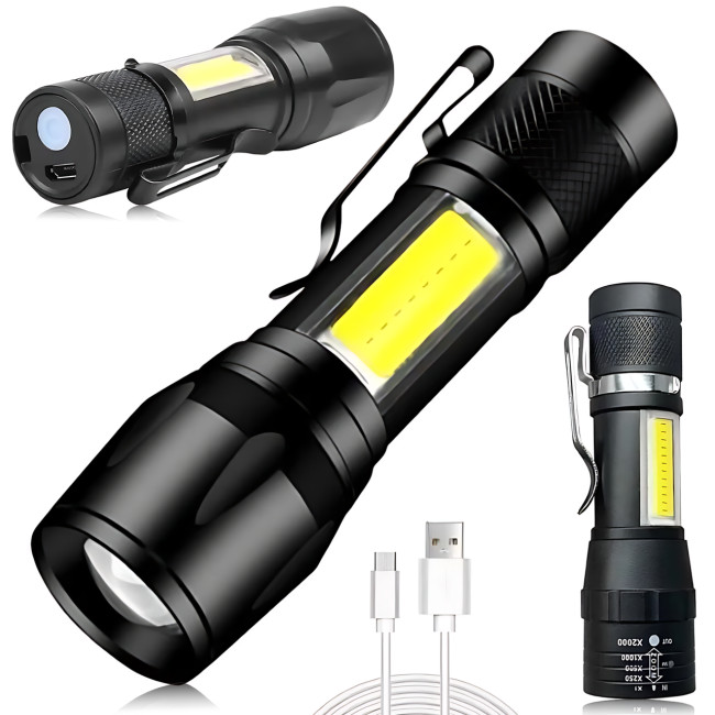 Ручной фонарик BL 513 USB с XPE + COB LED, 500 лм, зумом, встроенным аккумулятором, 3 режимами и влагозащитой
