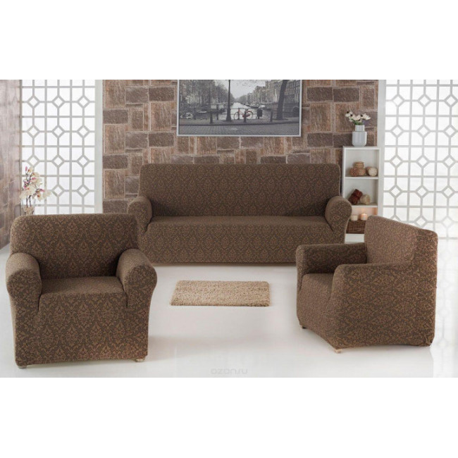 Комплект чехлов на диван и два кресла Жаккард Milano Home Concept Karna, универсальный размер Шоколад