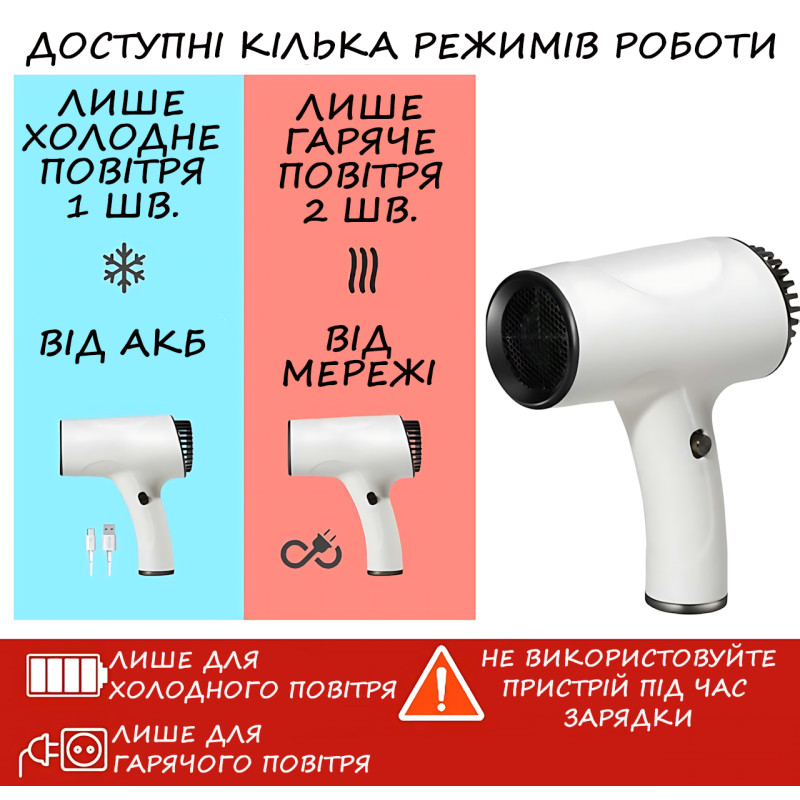 Бездротовий фен для волосся Portable Hair Dryer, 2600 mAh, 500 Вт, з гарячим і холодним обдувом та іонізацією Чорний фото - 3