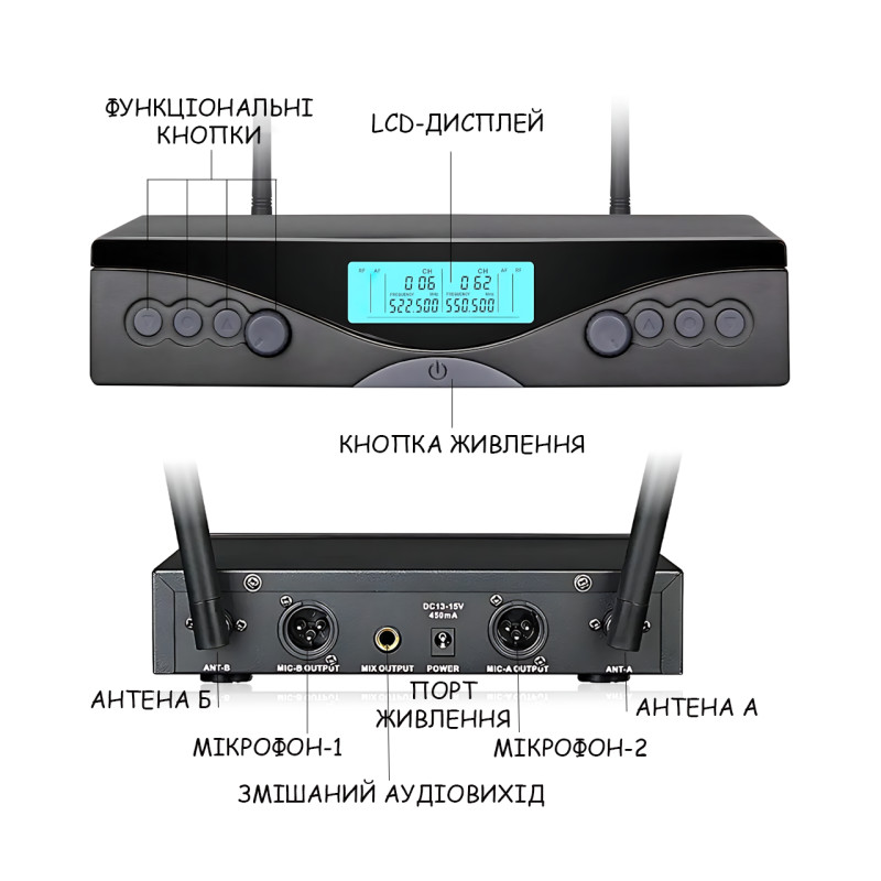 Портативная радиосистема Su-Kam DM-204FX с двумя беспроводными микрофонами, радиомикрофоны с ЖК-дисплеем, до 30 м, S/N фото - 6