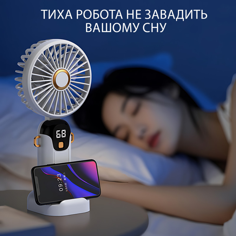 Портативный вентилятор JX-995 с 3 скоростями обдува, LED-дисплеем, USB зарядкой и подставкой для телефона фото - 7