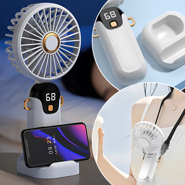 Портативный вентилятор JX-995 с 3 скоростями обдува, LED-дисплеем, USB зарядкой и подставкой для телефона