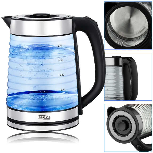 Электрочайник Zepline ZP-989 2,2 л, стеклянный с подсветкой, 2200 Вт, автоотключение, защита от перегрева