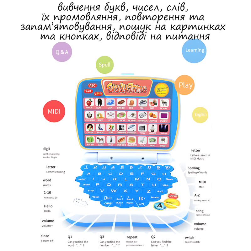 Детский обучающий ноутбук AH-802Y StudyGame для изучения английского языка, розовый фото - 8
