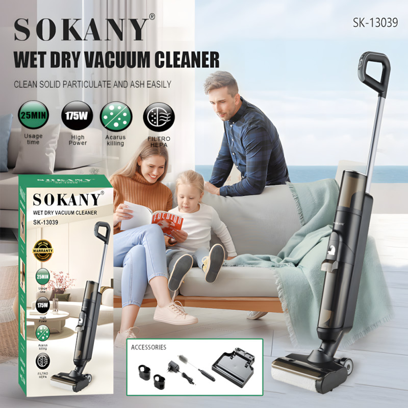 Пылесос SOKANY SK-13039, аккумуляторный вертикальный для сухой и влажной уборки, 175 Вт, HEPA-фильтр, черный фото - 8