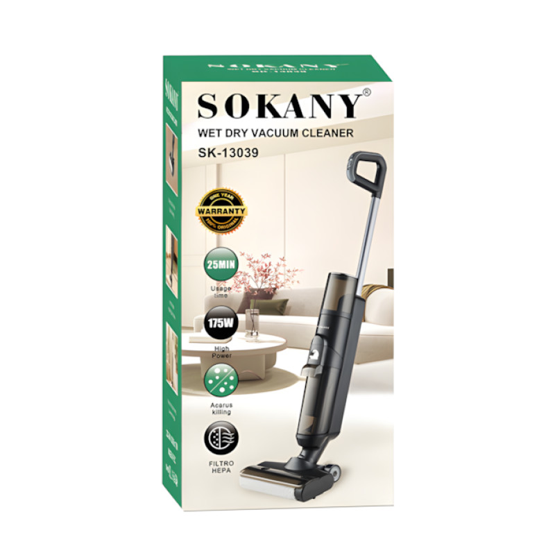 Пылесос SOKANY SK-13039, аккумуляторный вертикальный для сухой и влажной уборки, 175 Вт, HEPA-фильтр, черный фото - 9