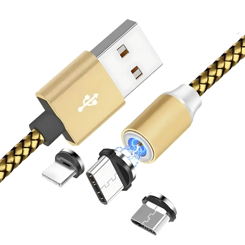 Магнітний кабель 3в1 X-Cable Magnetic М3 Lightning/MicroUSB/Type-C, 1 м, 2A, в обплетенні, золотистий фото - 2