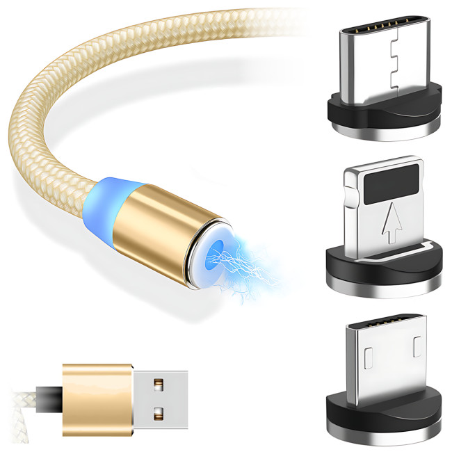 Магнітний кабель 3в1 X-Cable Magnetic М3 Lightning/MicroUSB/Type-C, 1 м, 2A, в обплетенні, золотистий